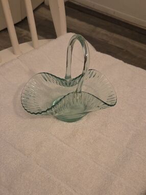 Ribbed Fenton Light Green Glass Handled Basket